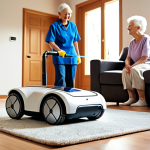 **

A modern, comfortable home interior. A domestic robot is cleaning the floor, while an elderly person or someone with a disability is smiling and relaxing in the background. Focus on the positive impact of robots assisting with daily life.

**