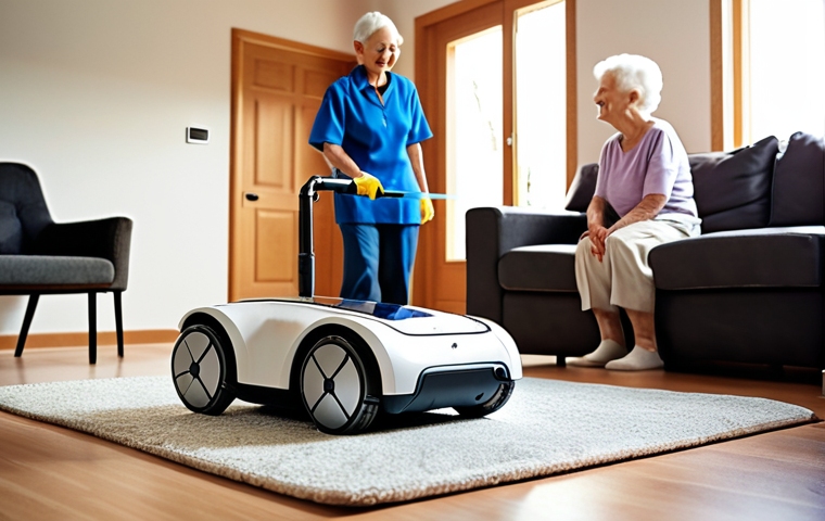 **
A modern, comfortable home interior. A domestic robot is cleaning the floor, while an elderly person or someone with a disability is smiling and relaxing in the background. Focus on the positive impact of robots assisting with daily life.
**