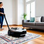 **

"A bright and modern living room with hardwood floors, featuring a fully clothed woman in modest attire smiling as she observes a robotic vacuum cleaner with silicone side brushes cleaning near a patterned Persian rug. Focus on the cleanliness of the floor. Include various cleaning accessories like HEPA filters and a water tank nearby. Safe for work, appropriate content, family-friendly, perfect anatomy, natural proportions, professional product photography, high quality."

**