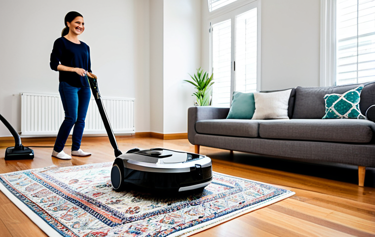 **
"A bright and modern living room with hardwood floors, featuring a fully clothed woman in modest attire smiling as she observes a robotic vacuum cleaner with silicone side brushes cleaning near a patterned Persian rug. Focus on the cleanliness of the floor. Include various cleaning accessories like HEPA filters and a water tank nearby. Safe for work, appropriate content, family-friendly, perfect anatomy, natural proportions, professional product photography, high quality."
**
